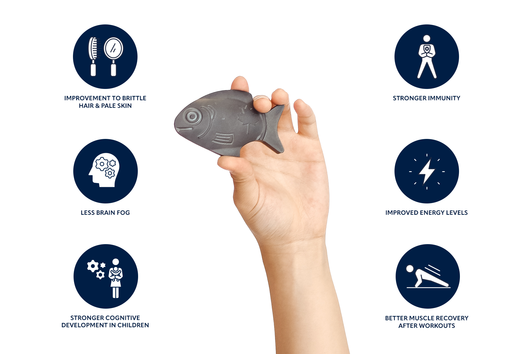 Hand holding the Lucky Iron Fish with icons of product benefits