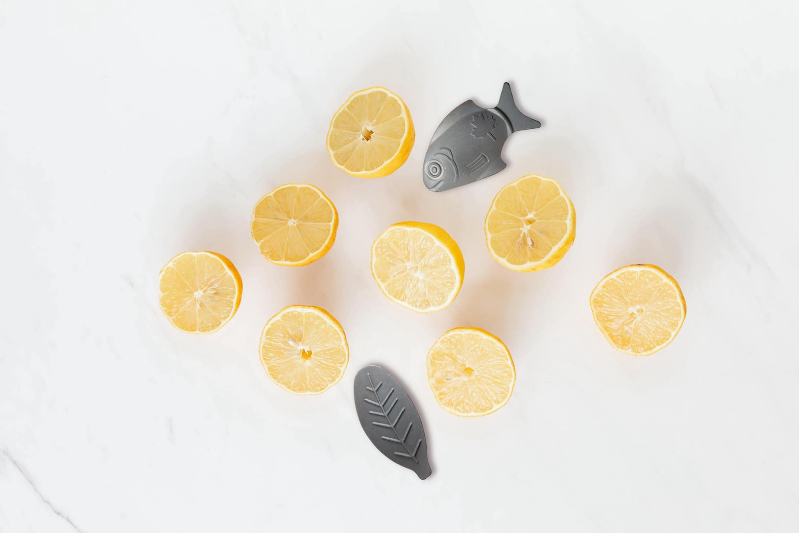 Lucky Iron Fish and Leaf on counter with lemon halves